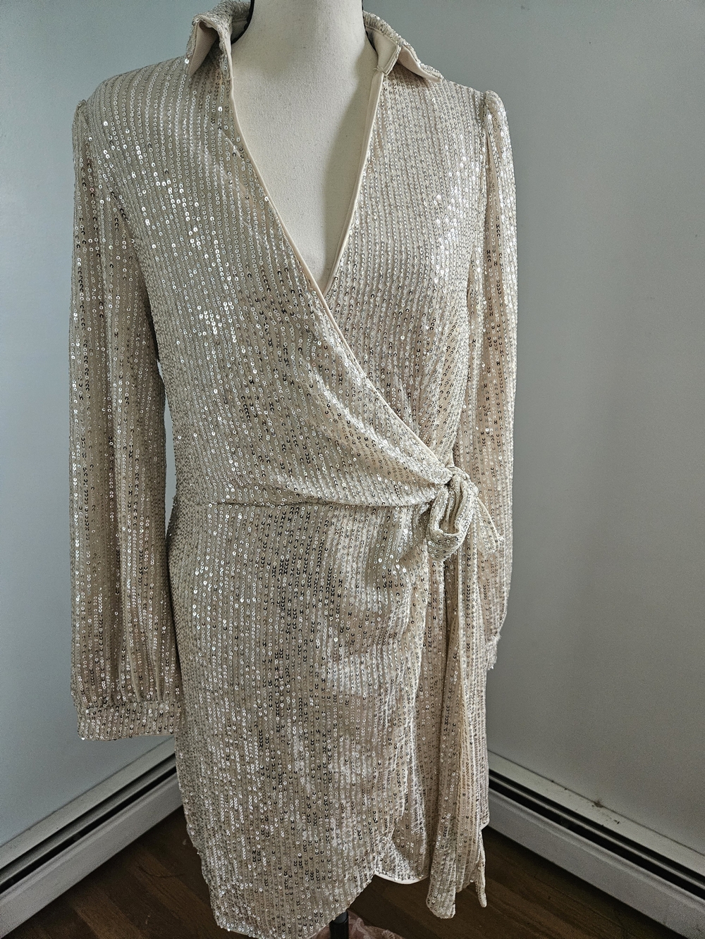 Sequin Wrap Dress in Champagne. Christmas New Years Eve Party Dress